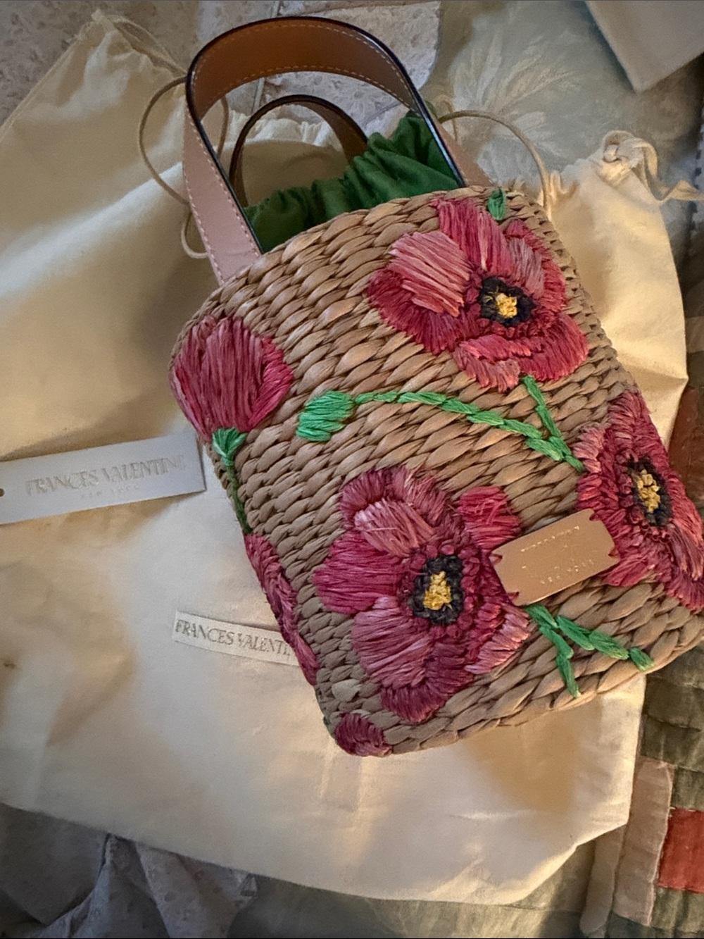 Frances Valentine Pink Floral Embroidered Straw Mini Bag No Cross Body Strap